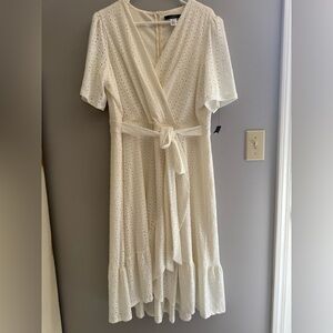 Adorne Womens White Crochet Faux Wrap Asymmetrical Dress SZ 18W Short Sleeve